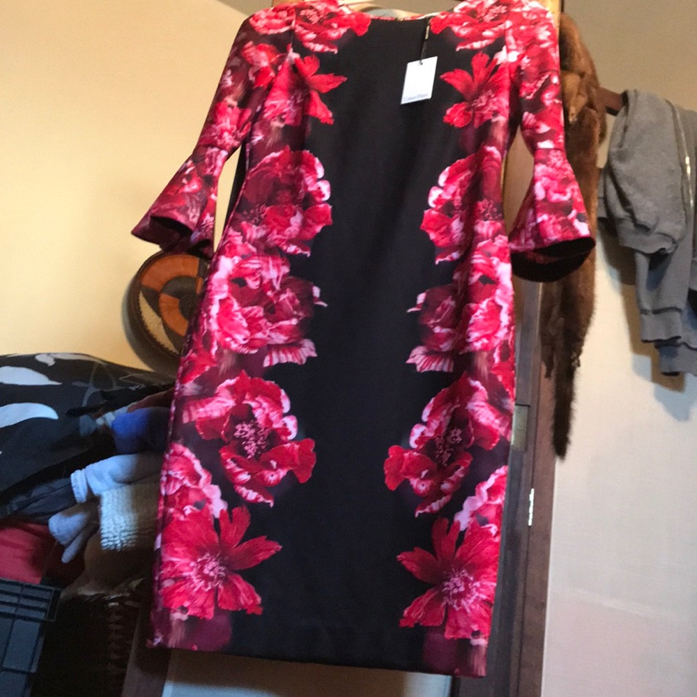 Calvin Klein dress black w/ pink and red flowers